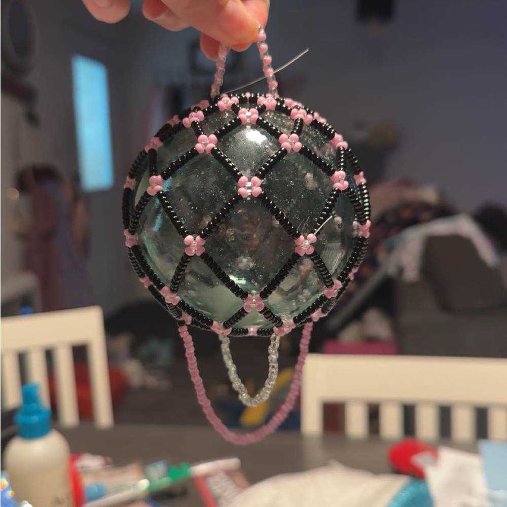 Beaded Glass Ball with Pink and Black Design
